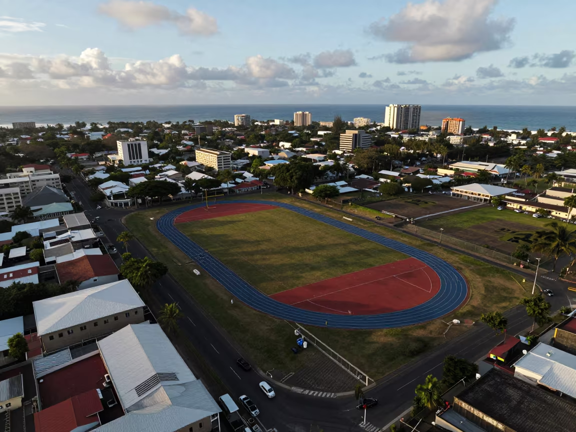Aerial View of Mauritius Sports Complex Tracks in high above patterned rooftops in Mauritius