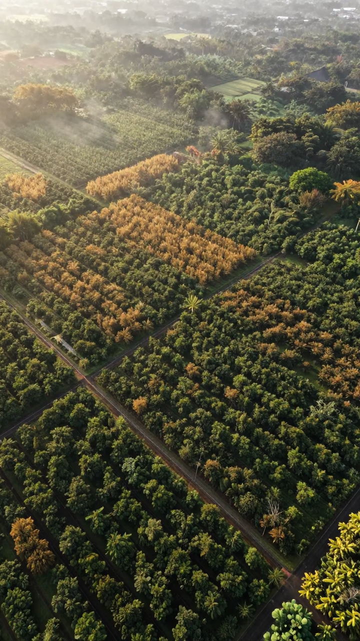 Aerial View of Medan Plantation Rows in far above orchard blocks and irrigation lines near Medan