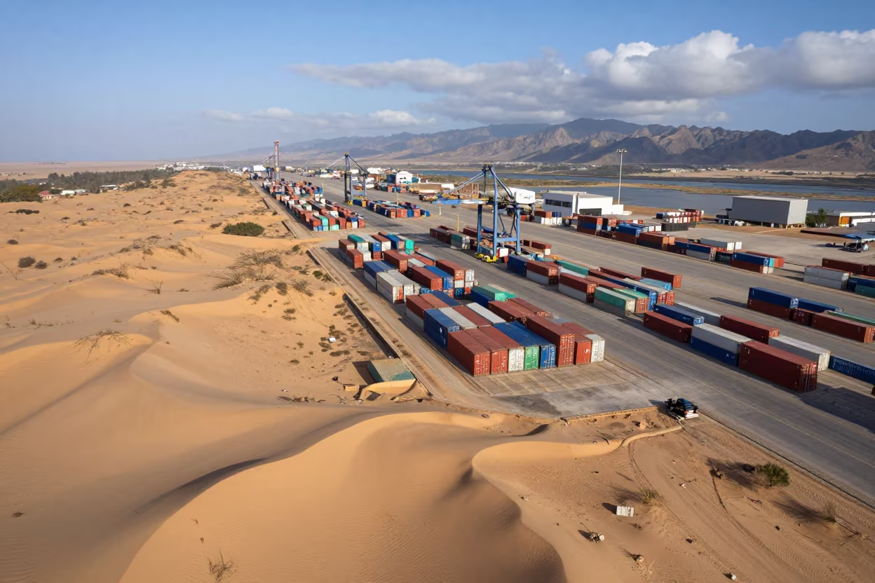 Aerial View of Mombasa Shipping Port Containers in above dune fields and dry wadis near Mombasa