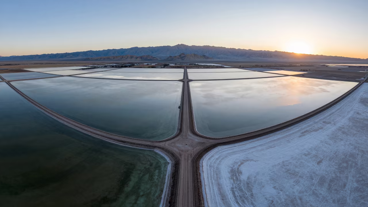 Aerial View of Nevada Salt Ponds Dawn Light in high over salt ponds and causeways in Nevada