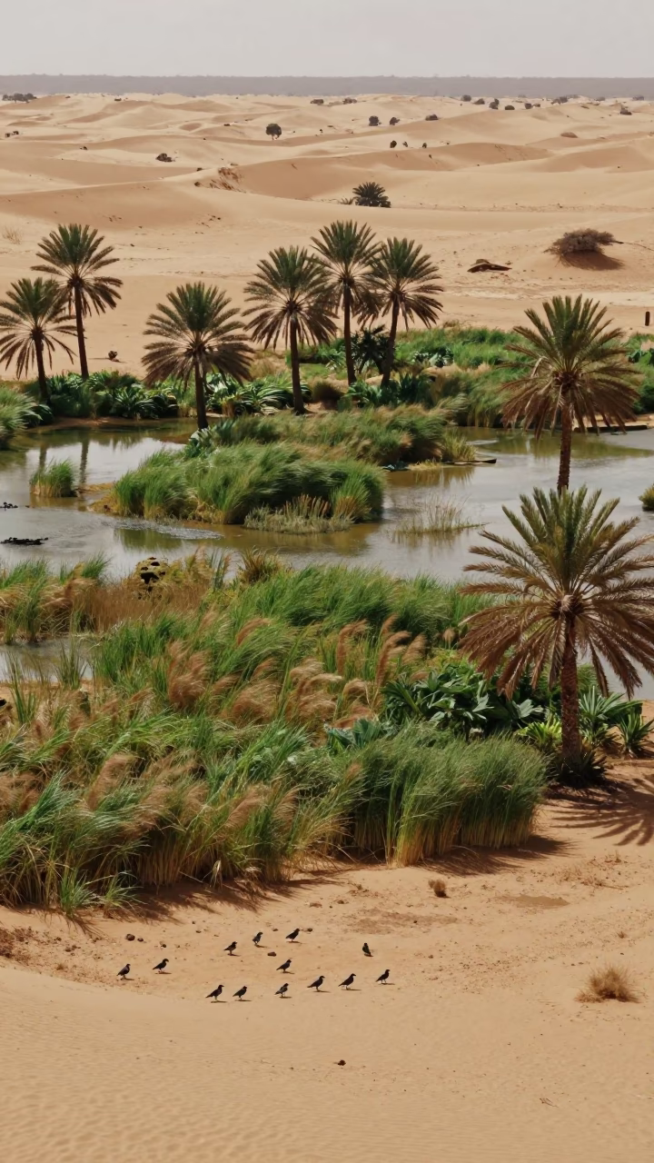 Aerial View of Niger Desert Oasis After Rain in across a floodplain after rain in Niger