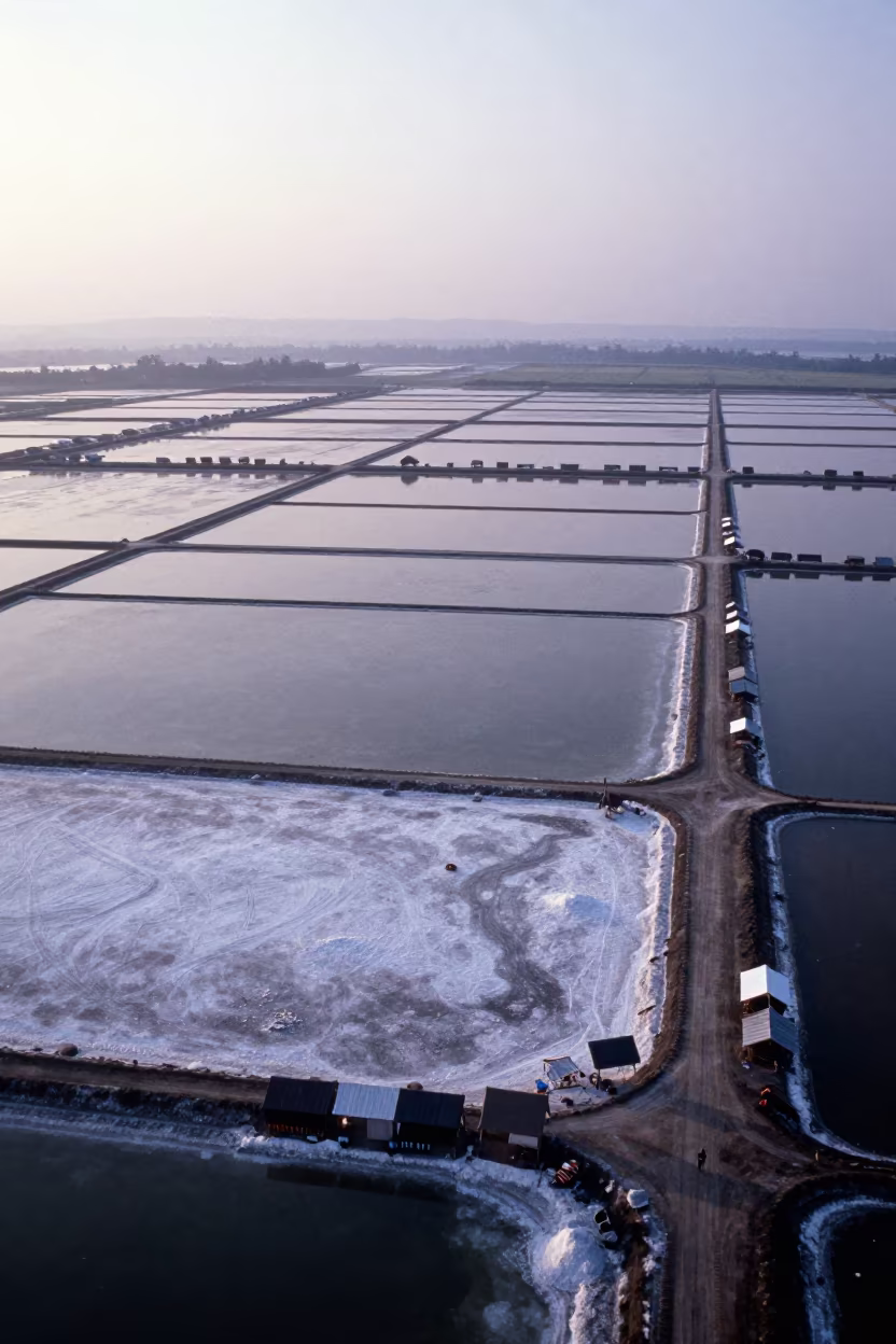 Aerial View of Nomadic Camp on Salt Ponds in high over salt ponds and causeways in Malaysia