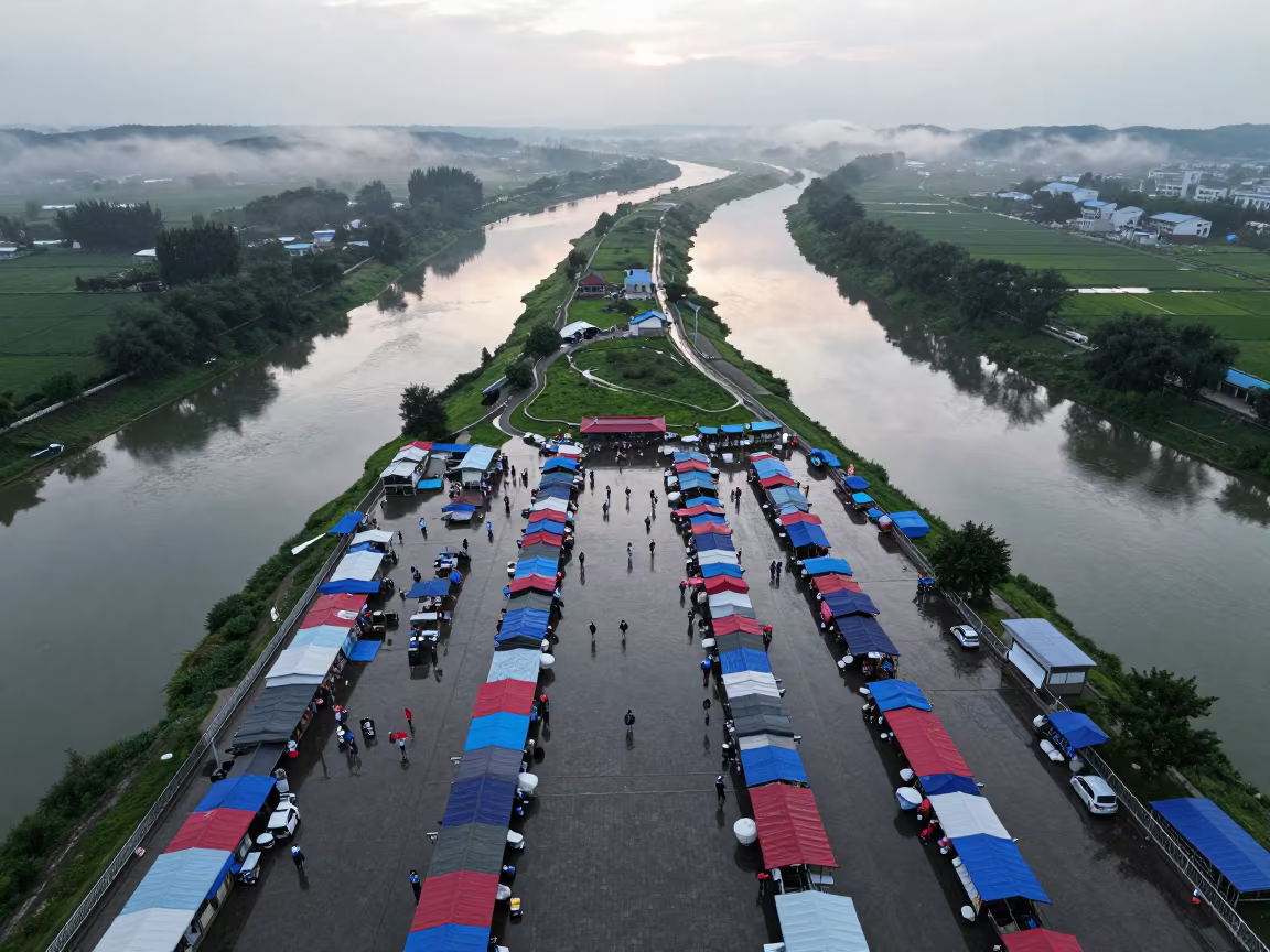 Aerial View of North Korean Market After Rain in high above braided river channels in North Korea