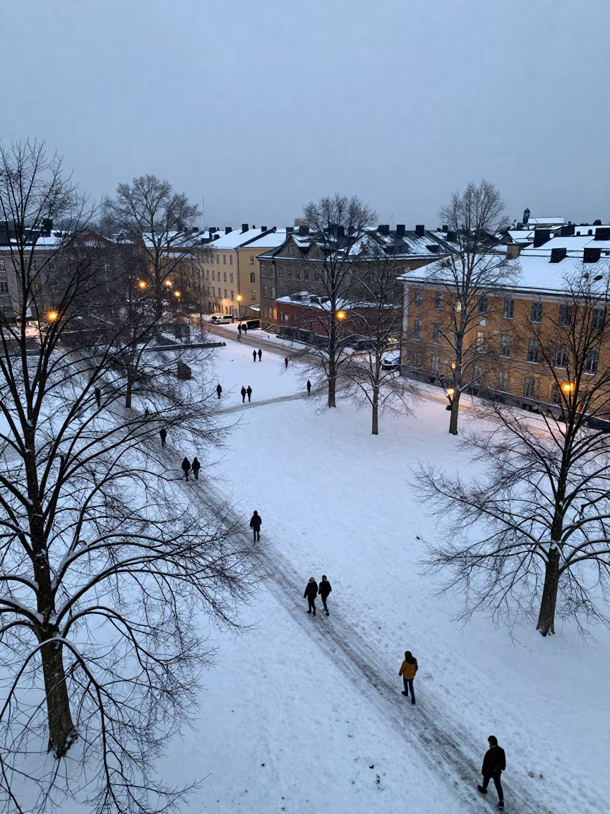 Aerial View of Snowy Swedish Park in Midnight Sun in above dune fields and dry wadis in Sweden