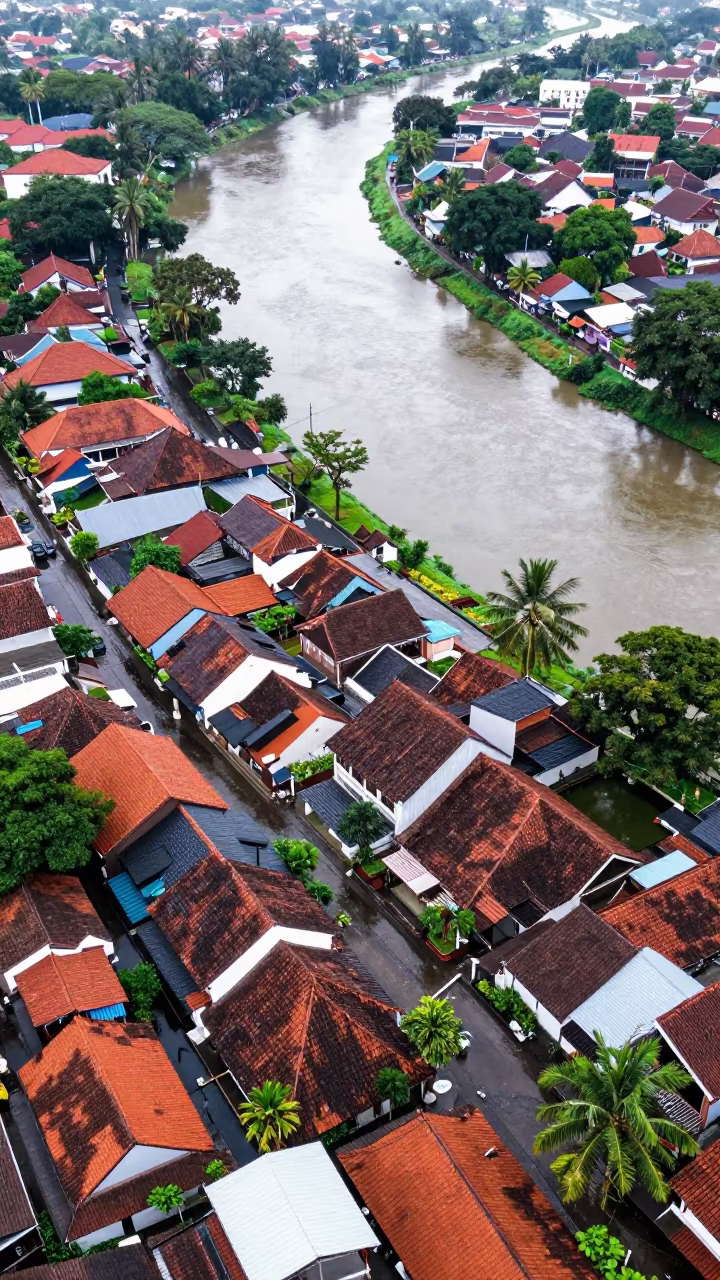 Aerial View of Old City Rooftops Near Braided River in high above braided river channels near Bandung