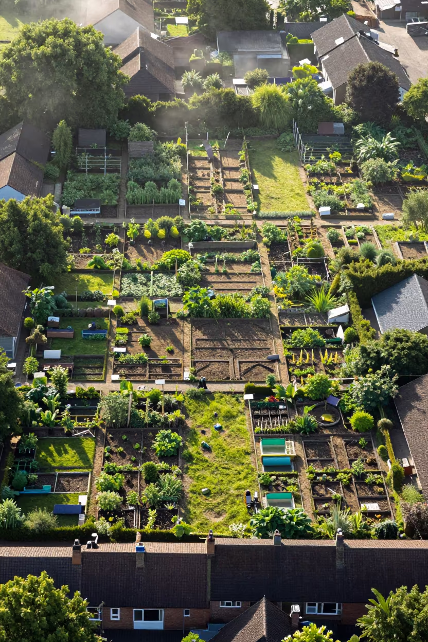 Aerial View of Pali Allotment Gardens in Low Sun in high above patterned rooftops near Pali
