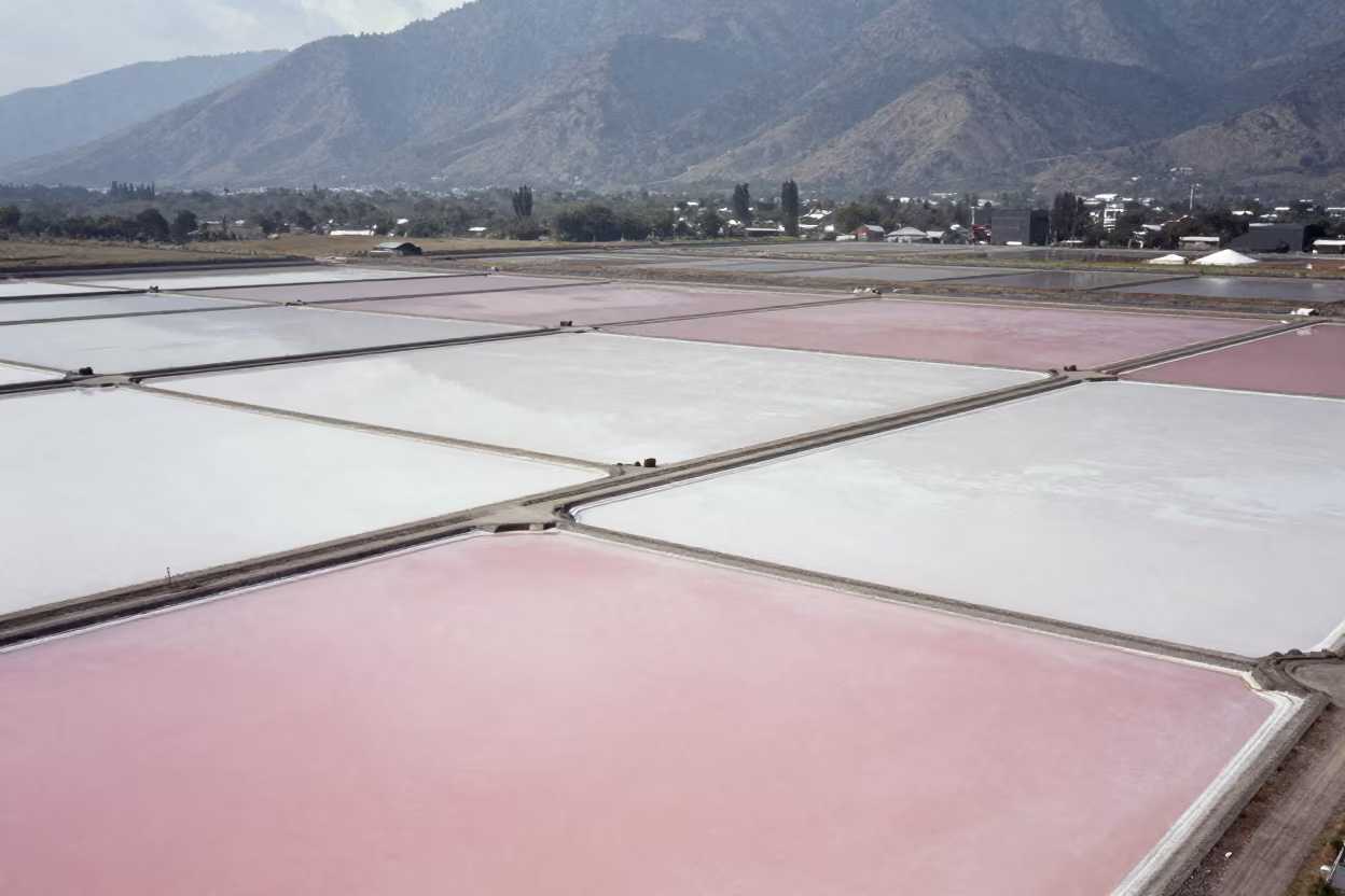 Aerial View of Pink Salt Ponds Near Quezon City in high above irrigation geometry near Quezon City