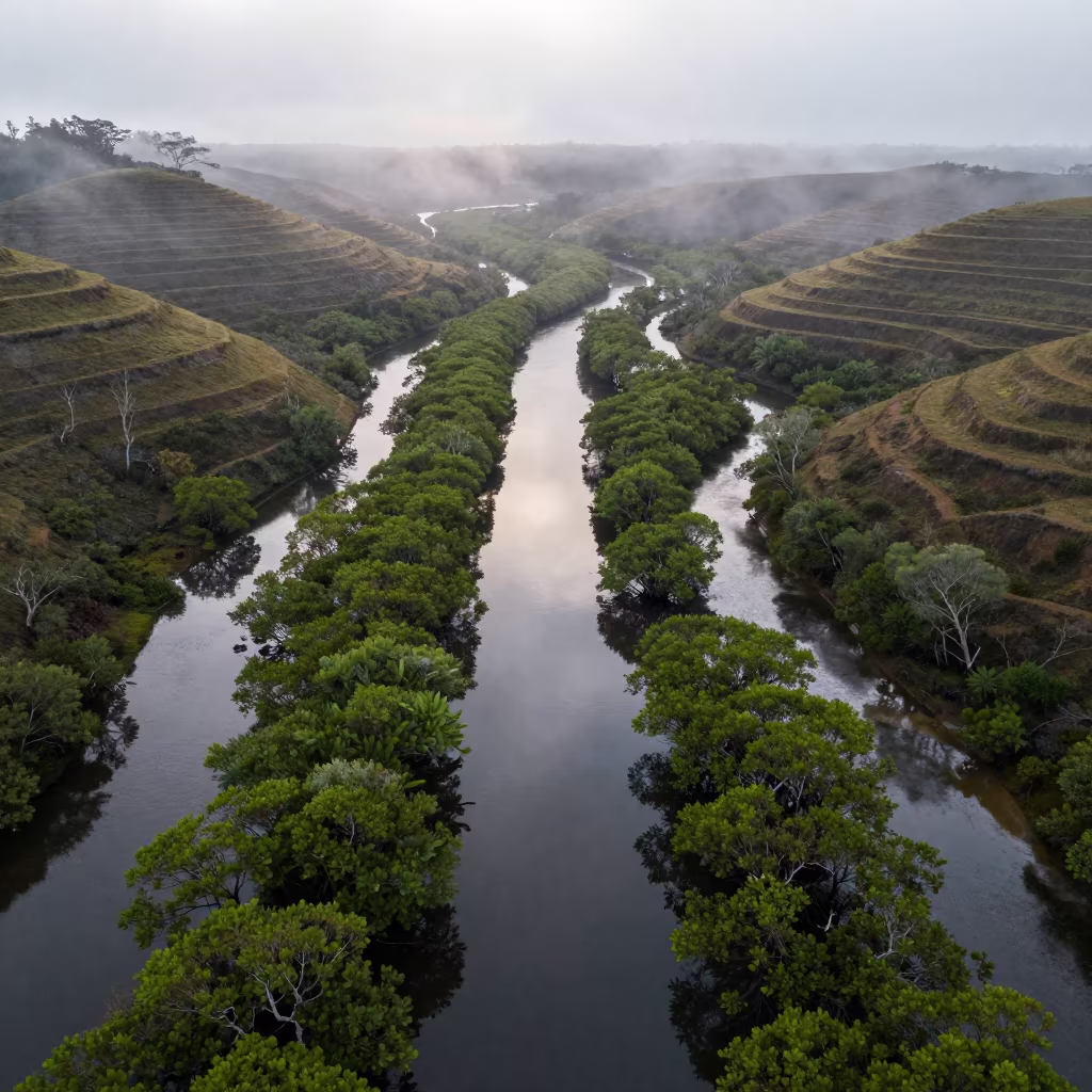 Aerial View of Queensland Mangrove Channels at Dawn in far above terraced hillsides in Queensland