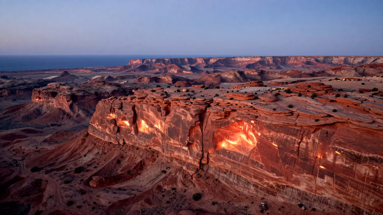 Aerial View of Red Canyon Before Dusk in far above surf-scalloped coastline in Mexico
