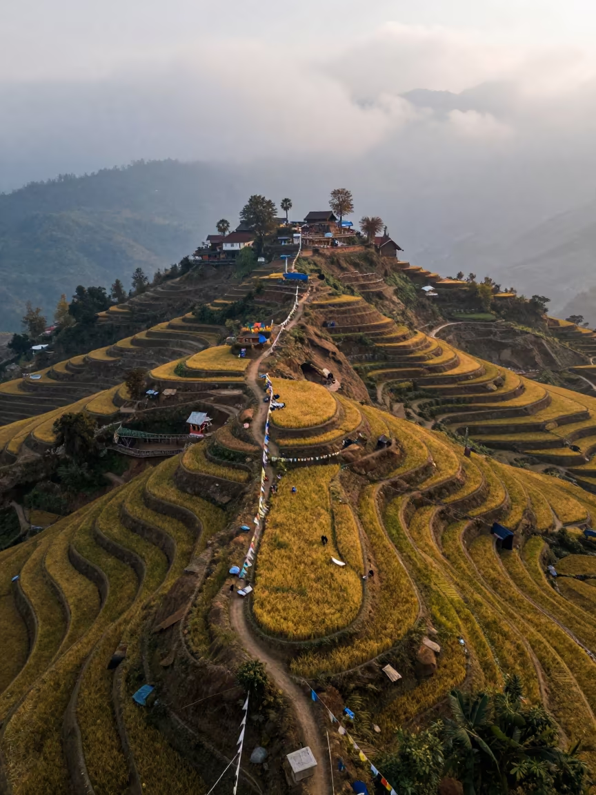 Aerial View of Rice Terraces Near Kathmandu at Dawn in on a wind-cut ridge below prayer flag lines near Kathmandu