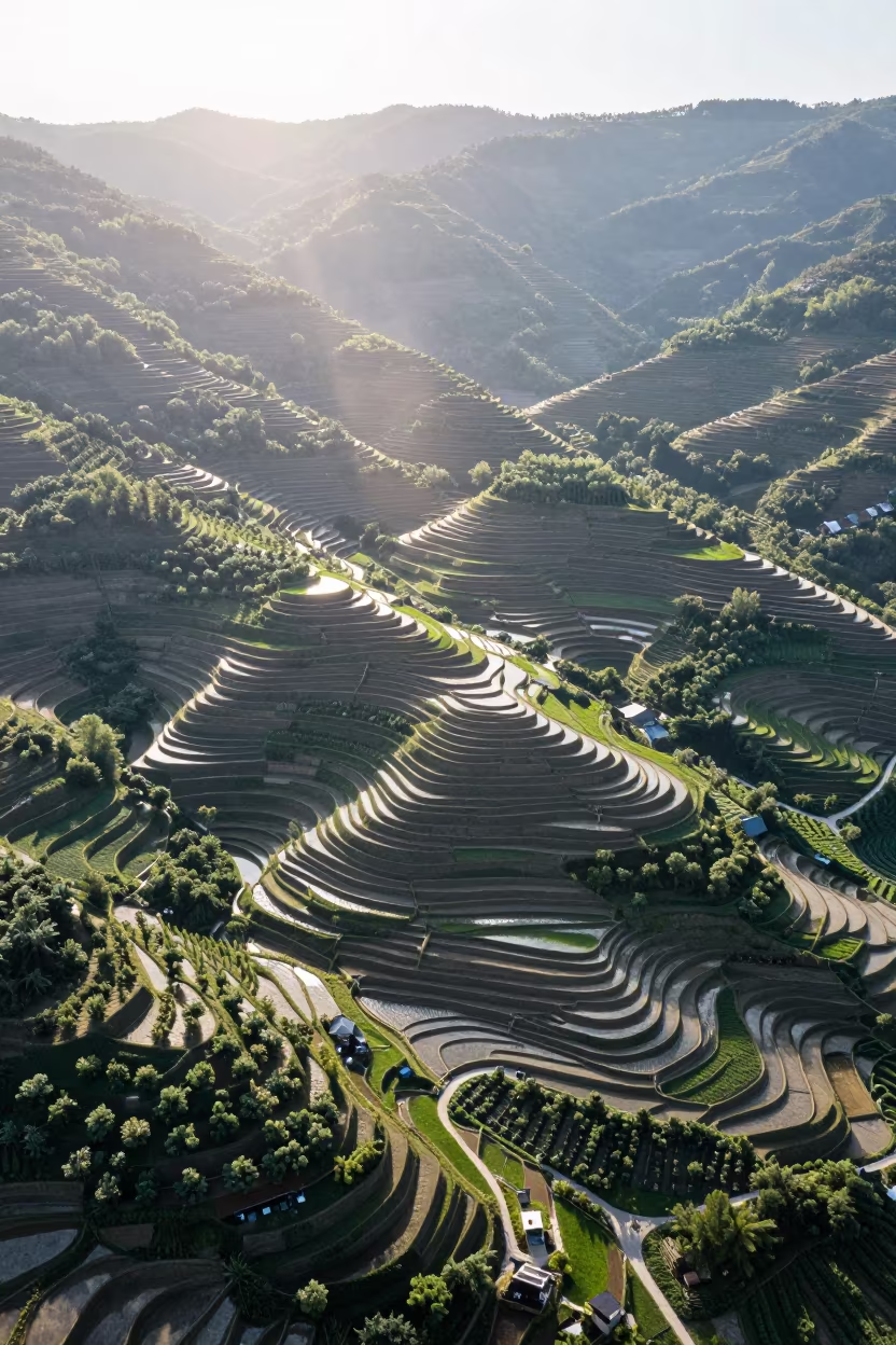 Aerial View of Rice Terraces Potsdam Summer in far above orchard blocks and irrigation lines near Potsdam