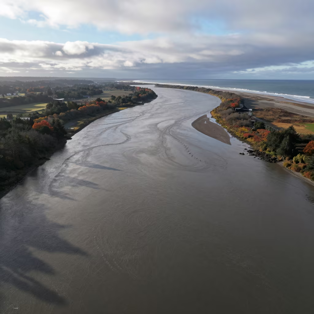 Aerial View River Meets Ocean Oregon Swirls in high above irrigation geometry in Oregon