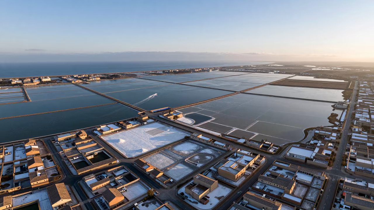 Aerial View of Rooftops and Salt Ponds in Aragon in high over salt ponds and causeways in Aragon