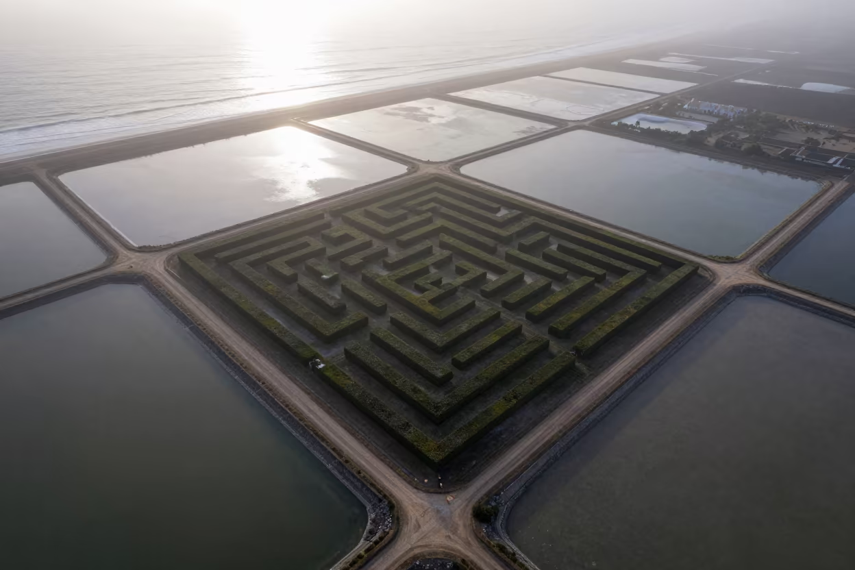 Aerial View of Salt Pond Hedge Maze Portugal in high over salt ponds and causeways in Portugal