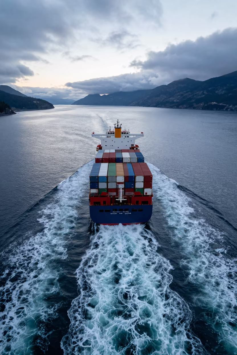 Aerial view of ship wake cutting through ocean in along a switchback approach in British Columbia