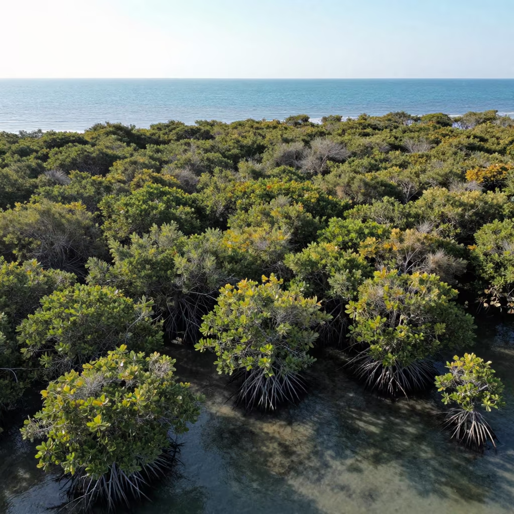 Aerial view of Sicilian mangroves at sea in in Sicily