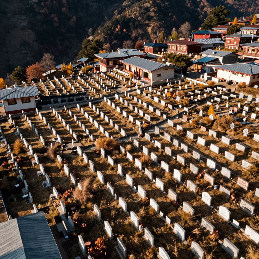 Aerial View of Sikkim Cemetery in Copper Dusk Light in high above patterned rooftops in Sikkim