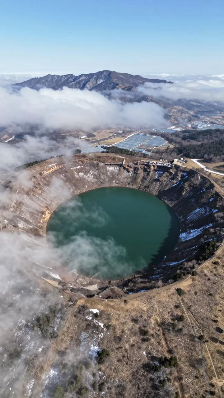 Aerial View Snow Dusting Volcanic Crater Lake in high over greenhouse grids in Georgia