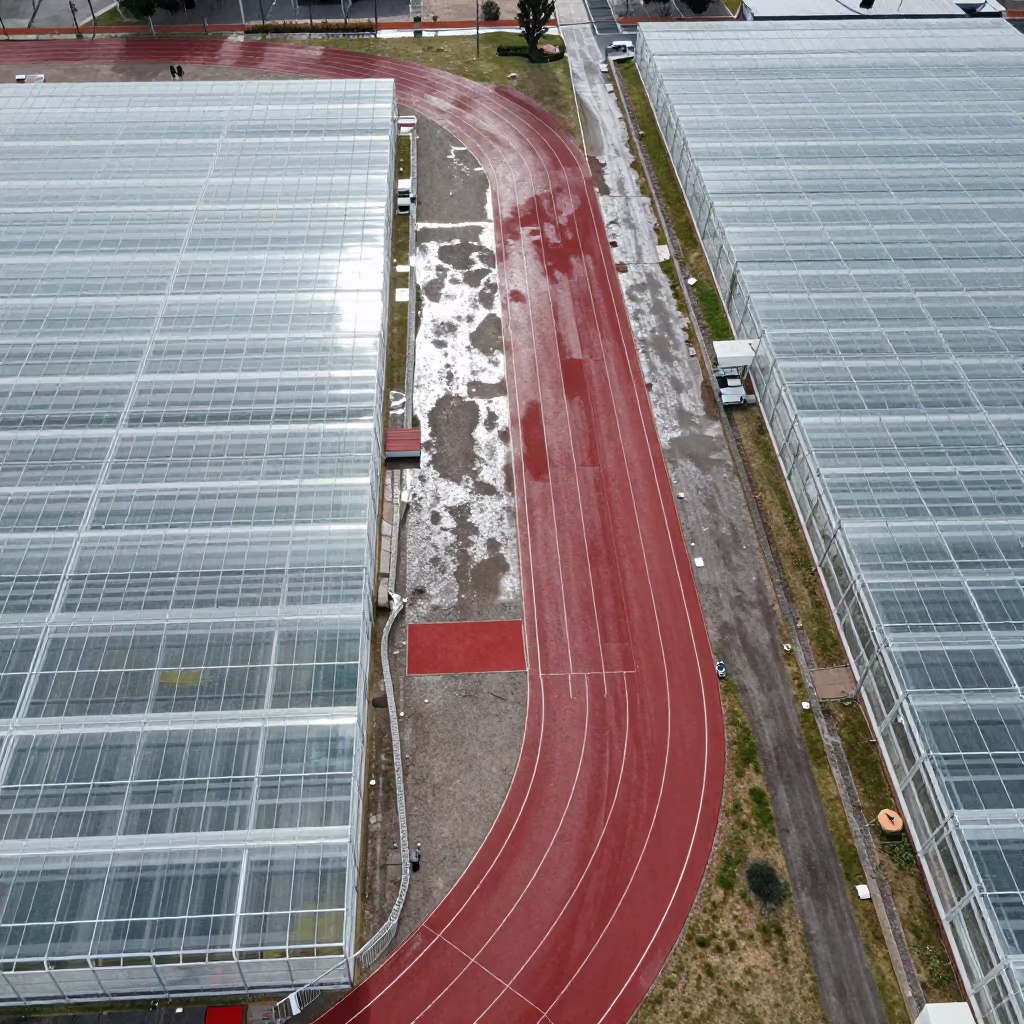 Aerial View of Sports Complex Near Greenhouse Grids in high over greenhouse grids near Gómez Palacio