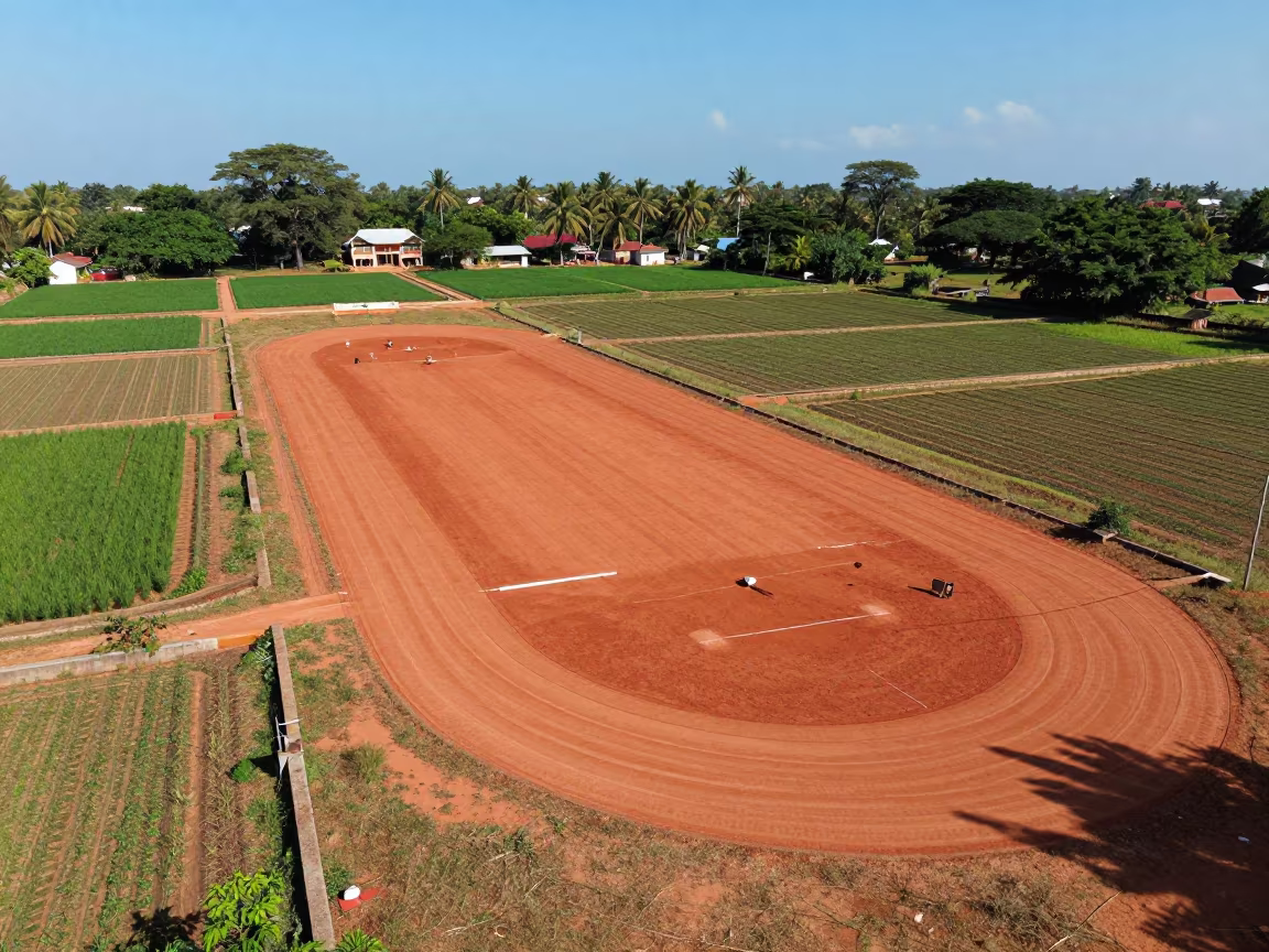 Aerial View of Sports Complex and Irrigation Fields in high above irrigation geometry near Tiruchirappalli