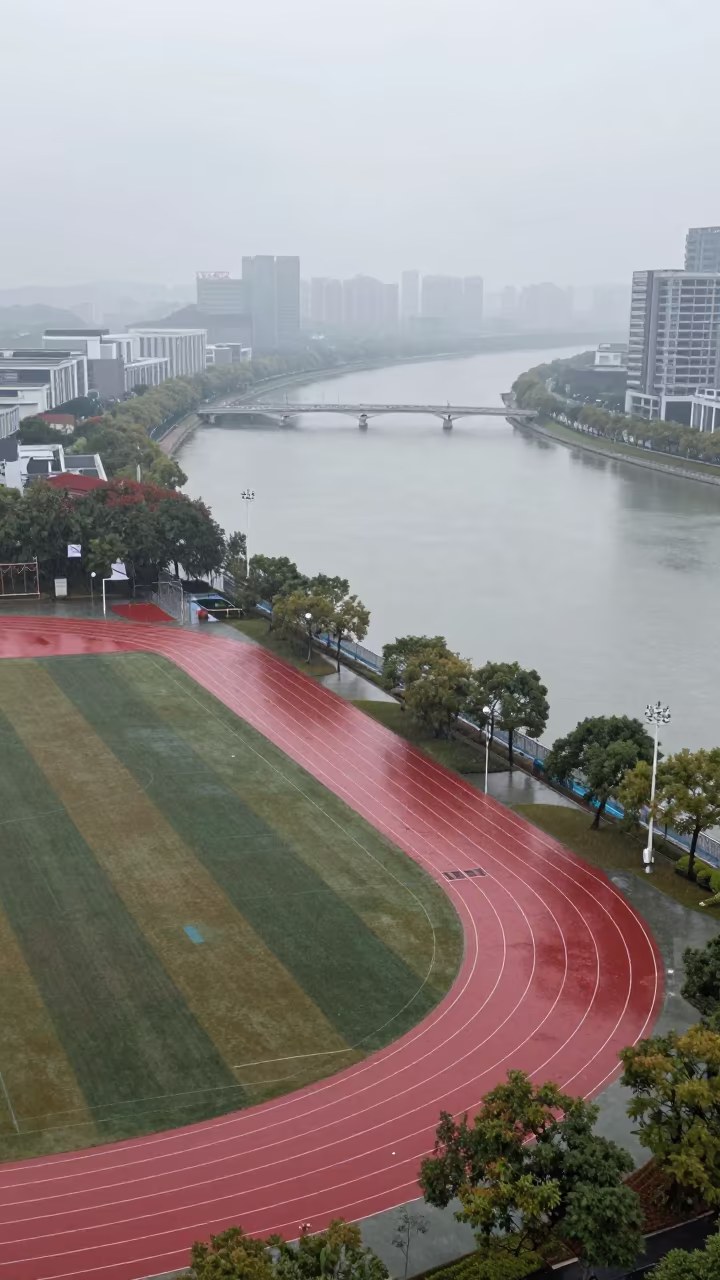 Aerial view of sports complex near Ningbo river in dawn mist in far above river meanders near Ningbo