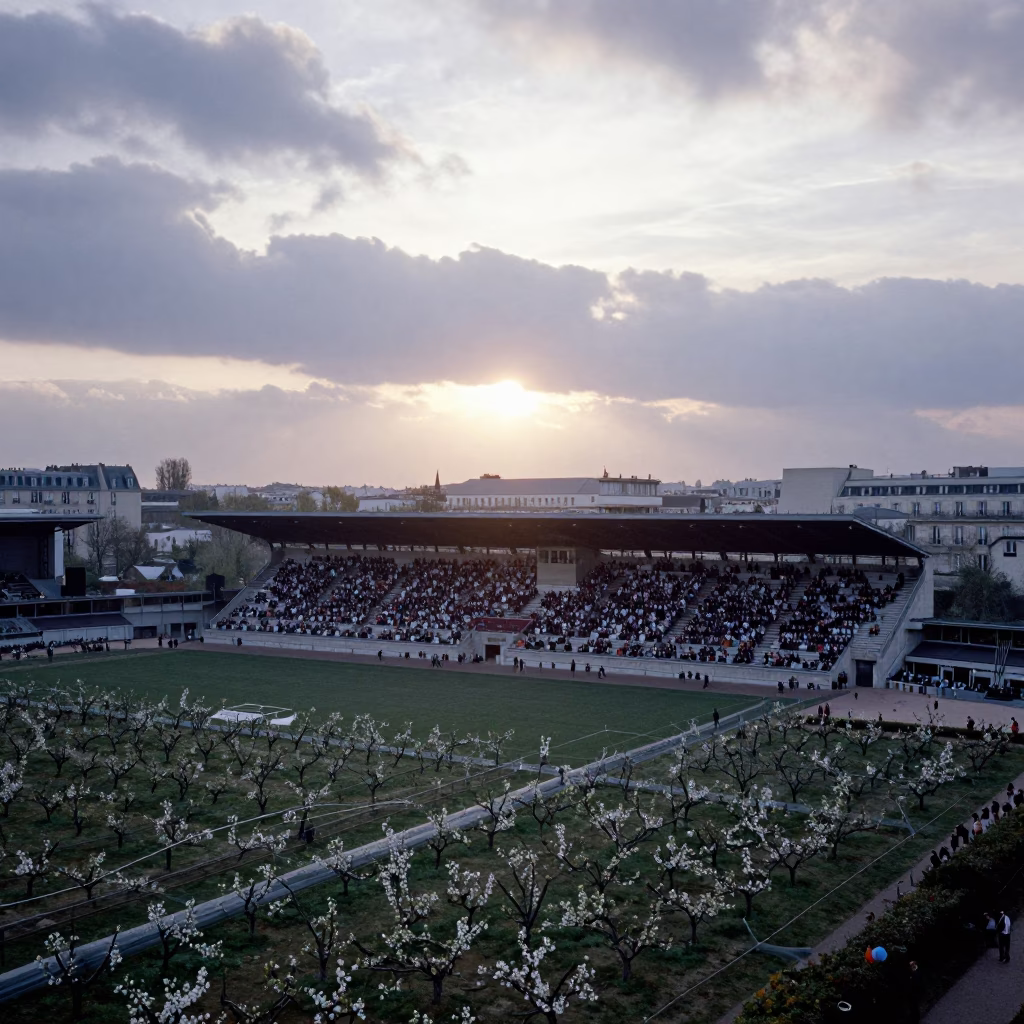 Aerial View of Stadium Spectators at Dawn in far above orchard blocks and irrigation lines near Butte-aux-Cailles, Paris