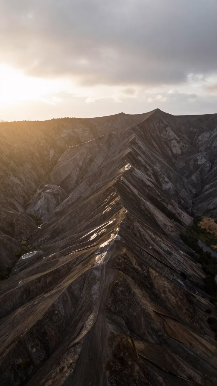 Aerial View of Striped Glacial Moraine at Sunset in near Lombok