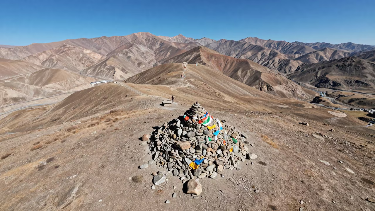 Aerial View of Summit Cairn Above Tree Line Leh in beside a summit cairn above the tree line near Leh