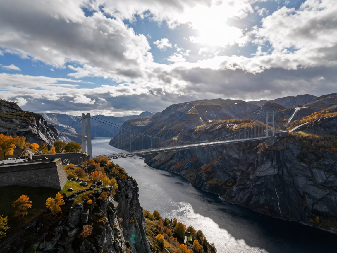 Aerial View of Suspension Bridge Over Fjord Noon in outside a wind-scoured fortress wall in Jaramana