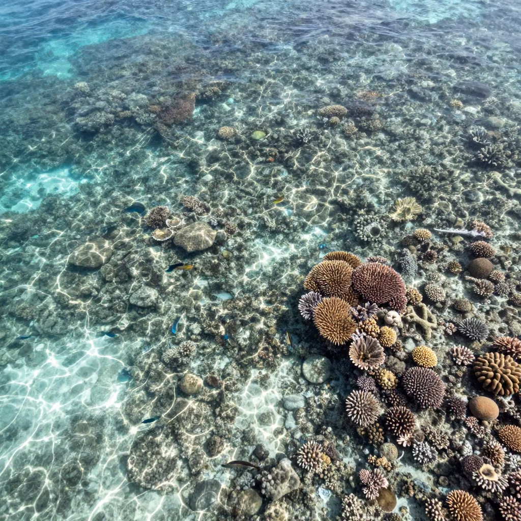 Aerial View of Tropical Coral Reef Underwater in beneath a reef ledge in tropical shallows near Zanzibar