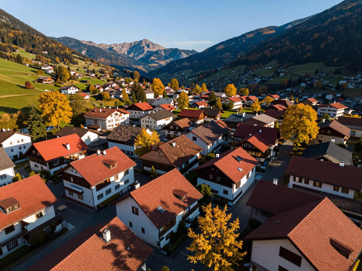 Aerial View of Tyrolean Rooftops at Dawn in high above patterned rooftops in Tyrol