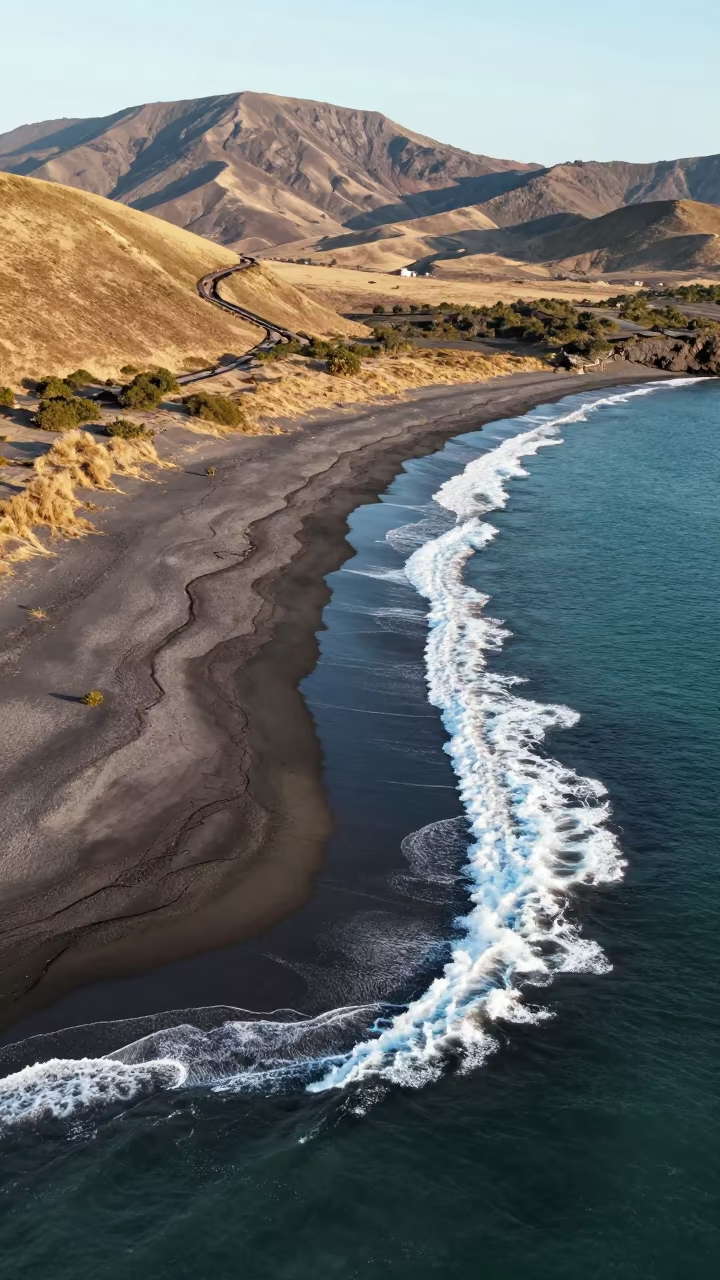 Aerial View of Volcanic Beach Colombia in above dune fields and dry wadis in Colombia