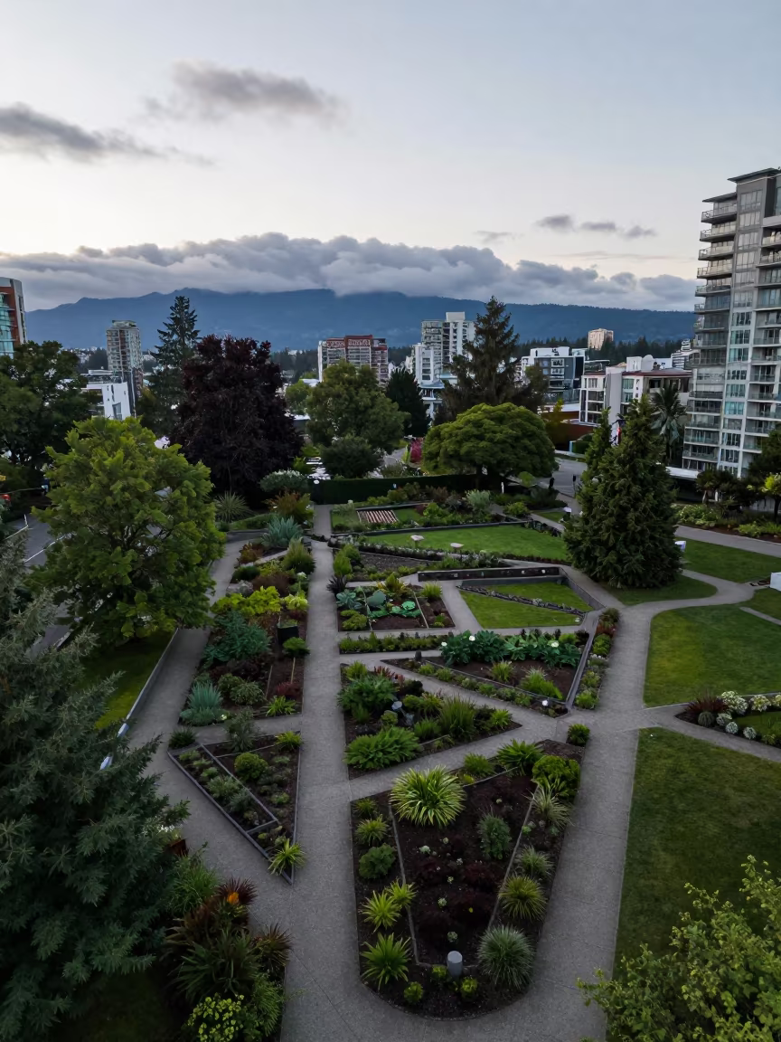 Aerial View of Walled Garden Before Sunrise in near Yaletown, Vancouver