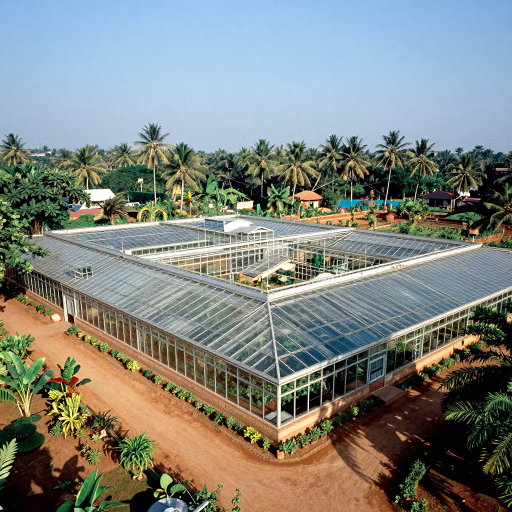 Aerial View of Walled Garden Greenhouse Karnataka in high over greenhouse grids in Karnataka