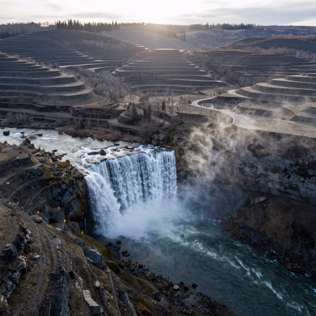 Aerial View of Waterfall Plunging Into Pool in far above terraced hillsides in Canada