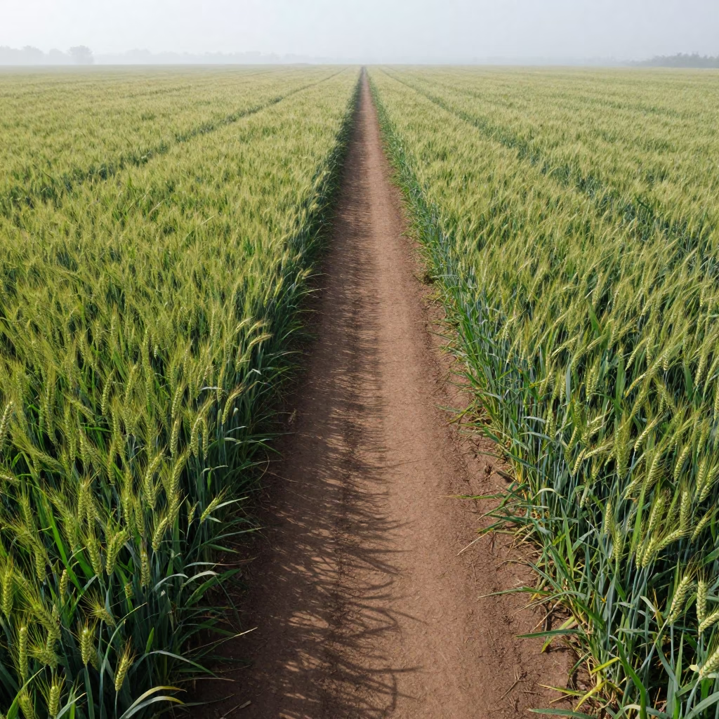 Aerial View of Wheat Path in Dundo Field in along freshly irrigated rows near Dundo