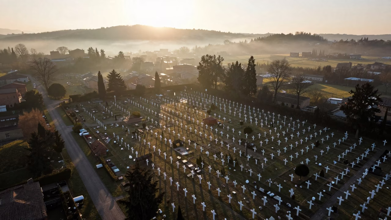 Aerial View of White Crosses in Foggy Bologna Cemetery in near Bologna