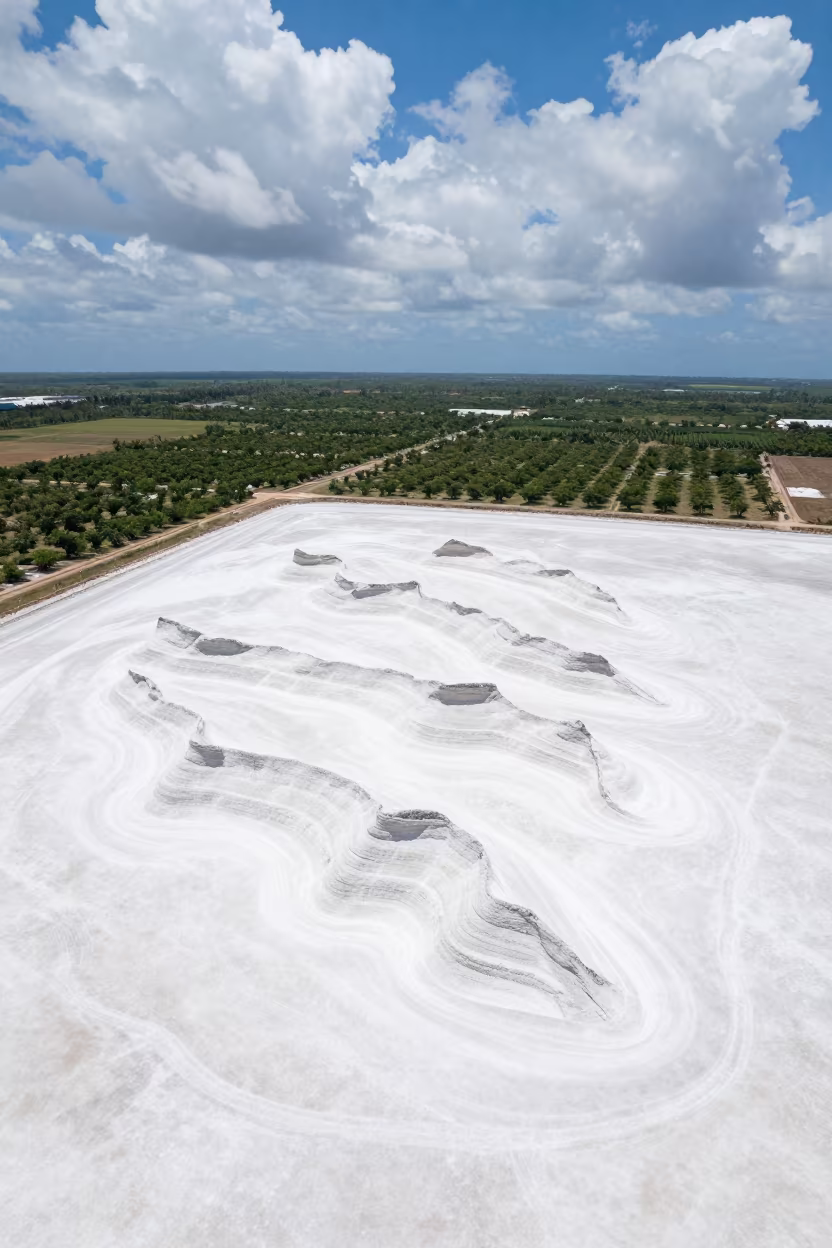 Aerial View of Wind Sculpted Yardangs in Dominican Salt Flat in far above orchard blocks and irrigation lines in Dominican Republic