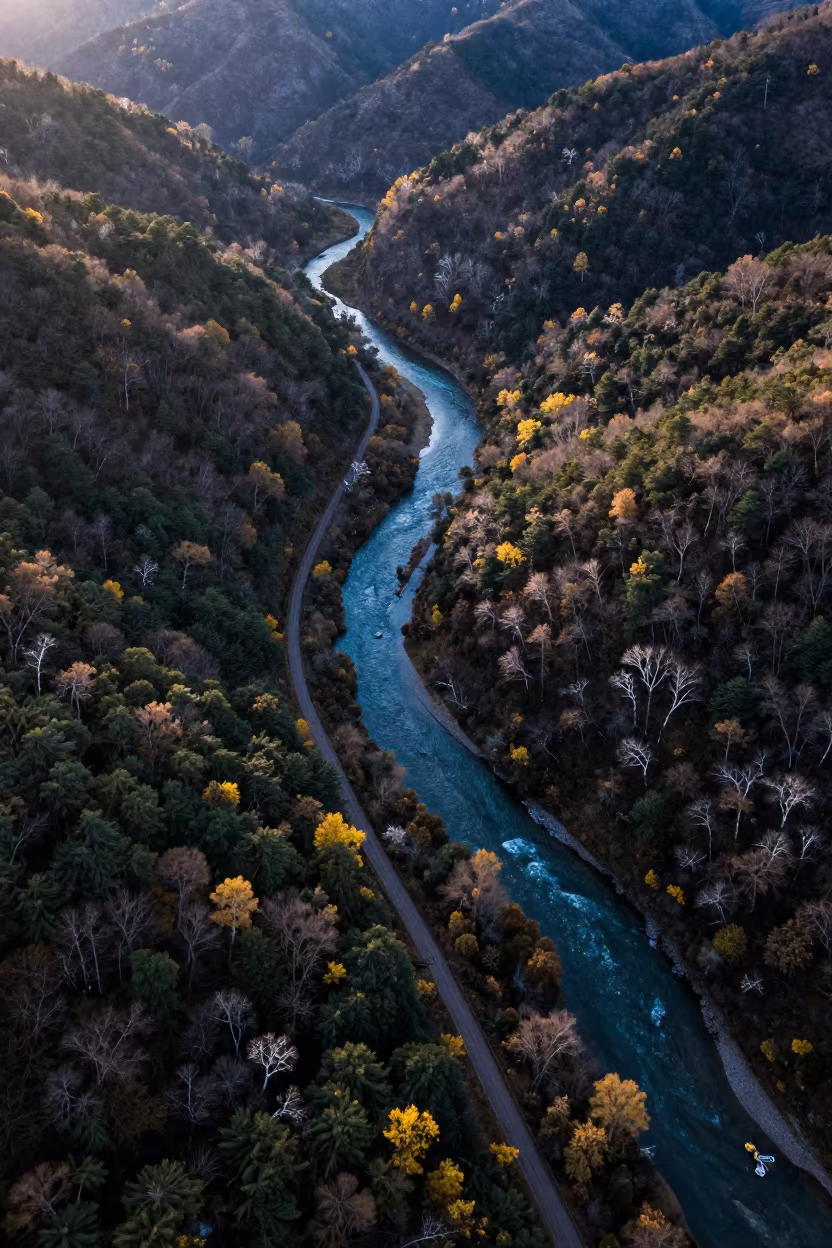 Aerial view of winding trail through forest at dusk in high above braided river channels in Hebei