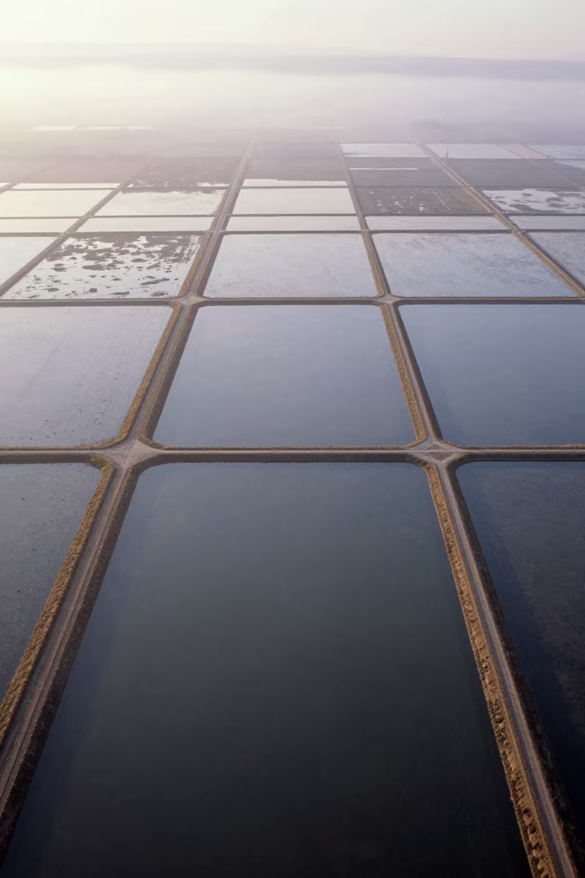 Aerial View of Winter Rice Paddies Near Zaragoza in high above irrigation geometry near Zaragoza