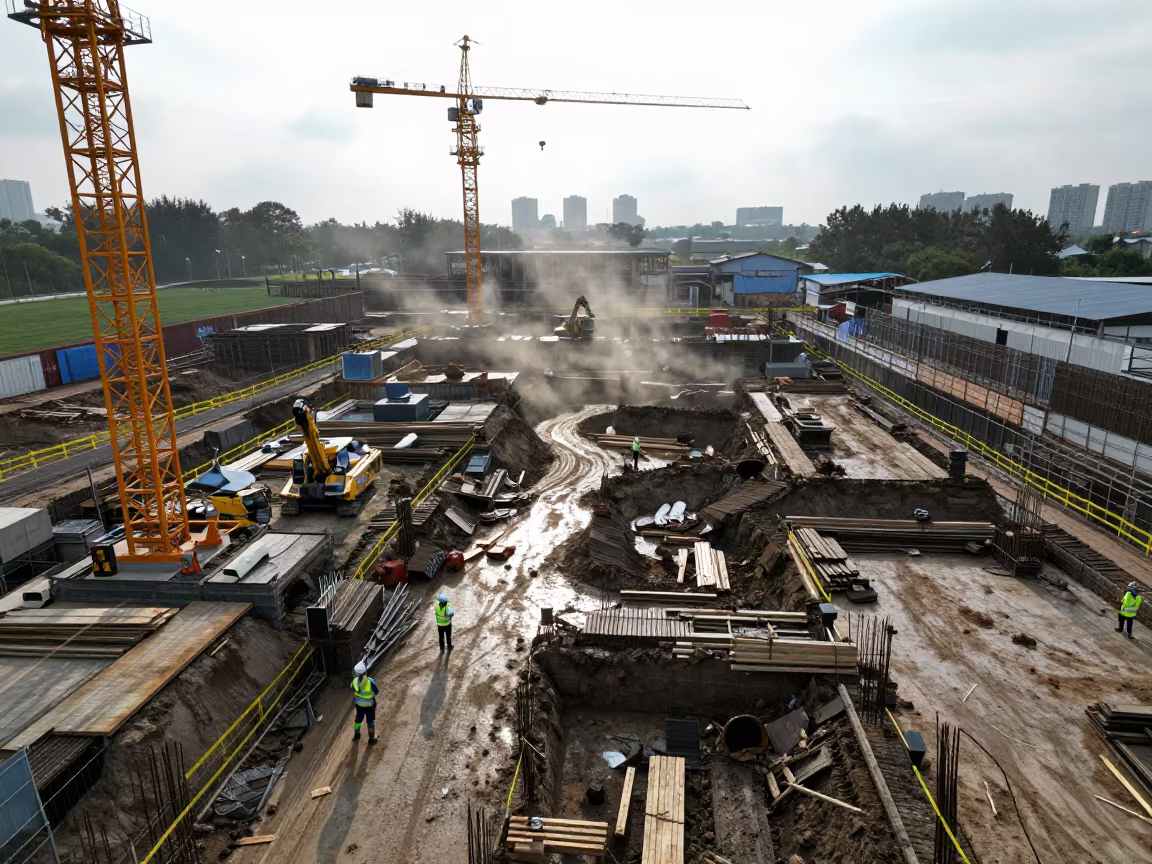 Aerial View of Wuhan Construction Site with Cranes in inside a taped-off excavation edge near Wuhan