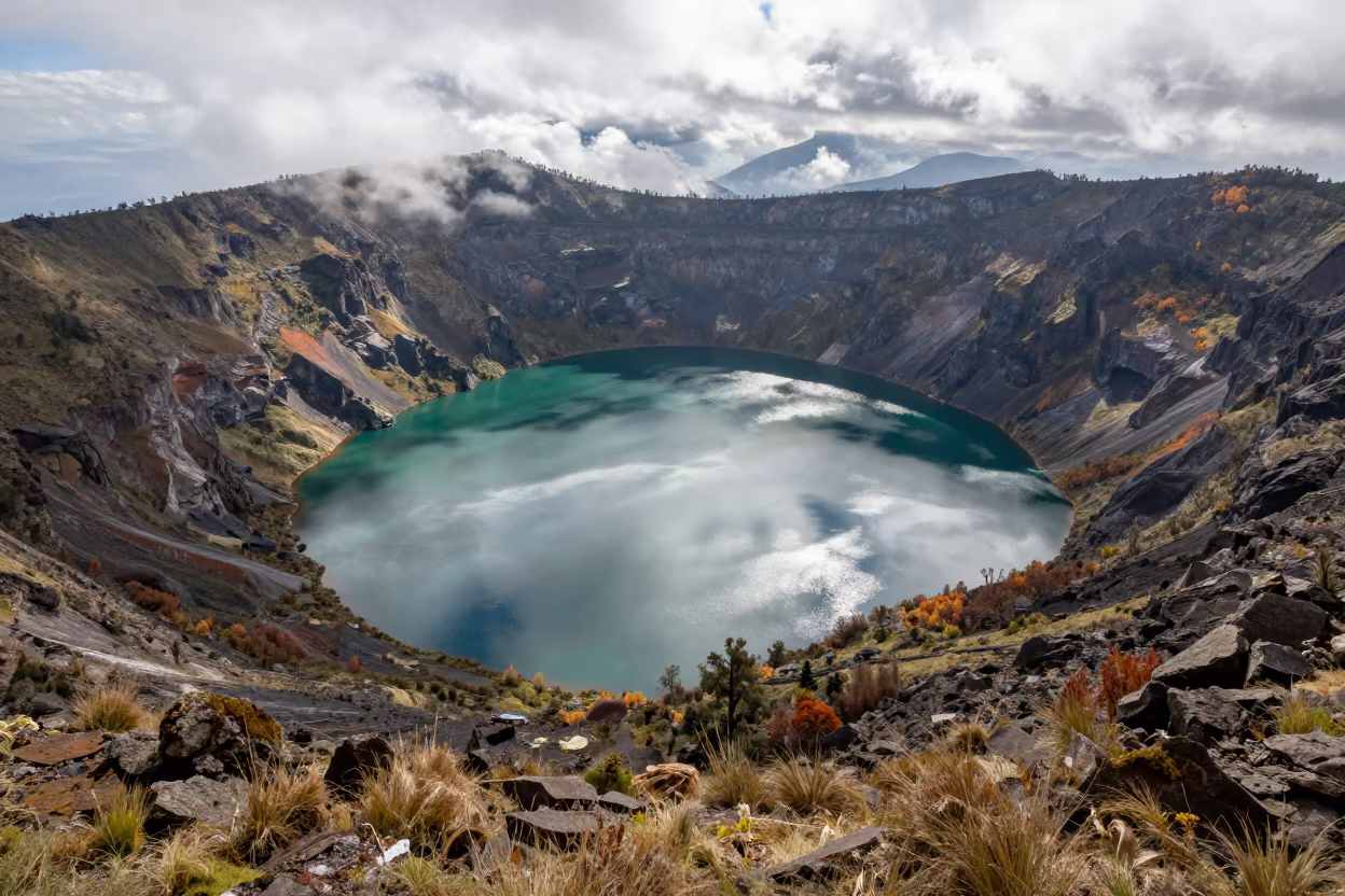 Aerial Volcanic Caldera Lake Colombia Morning Fog in high above patterned rooftops in Colombia