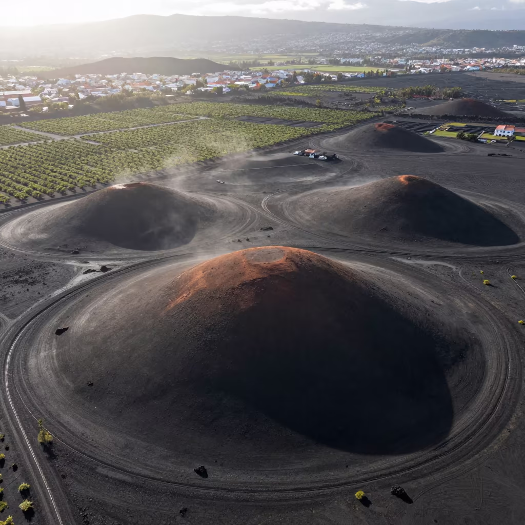 Aerial View of Volcanic Cones Near Medellín in far above orchard blocks and irrigation lines near Medellín