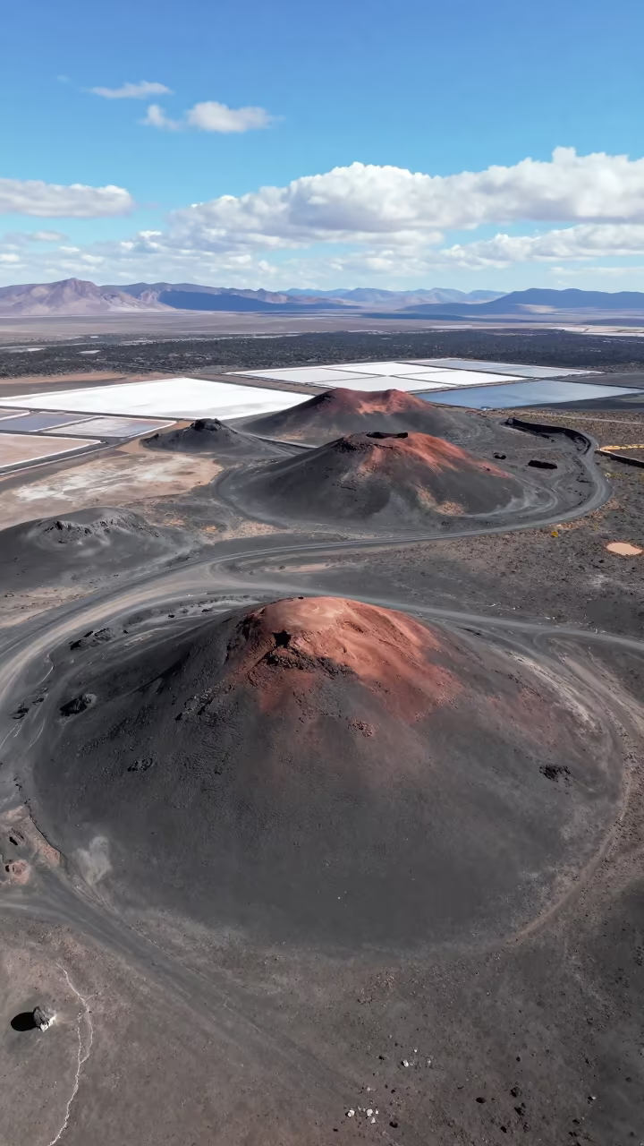 Aerial View of Volcanic Cones Over Salt Ponds in high over salt ponds and causeways in Bolivia
