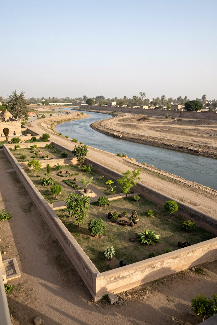 Aerial View Walled Garden River Meanders Karachi in far above river meanders near Karachi