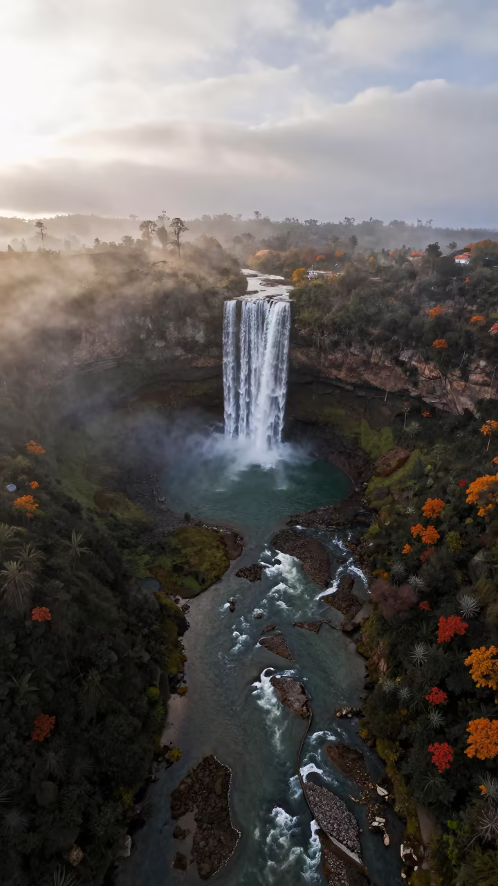 Aerial Waterfall Pool Dawn Mist La Paz in high above braided river channels near La Paz