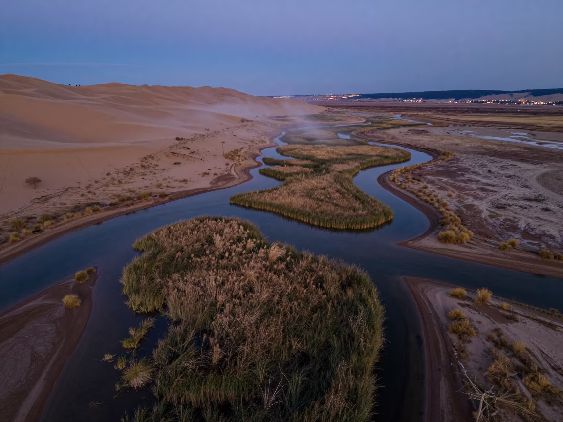 Aerial wetland channels in Idaho twilight in above dune fields and dry wadis in Idaho