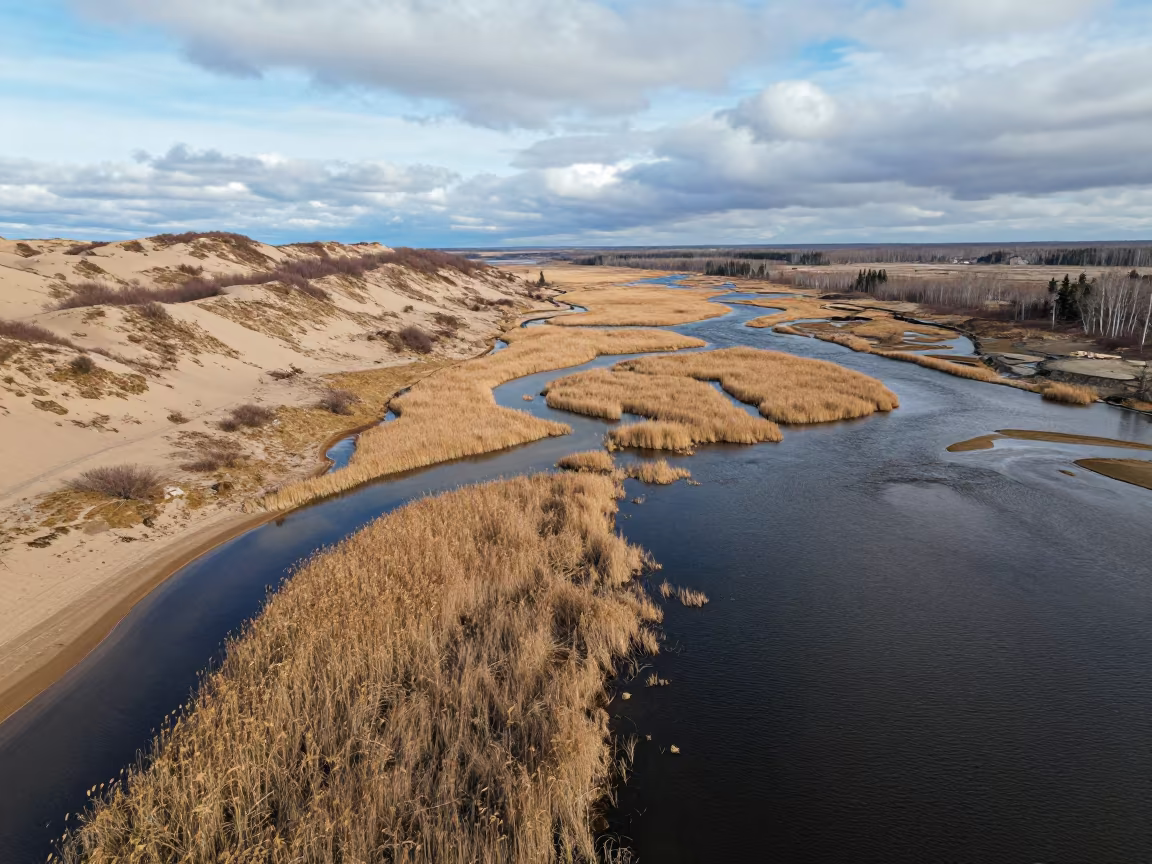 Aerial Wetland View Kamchatka Winter in above dune fields and dry wadis in Kamchatka
