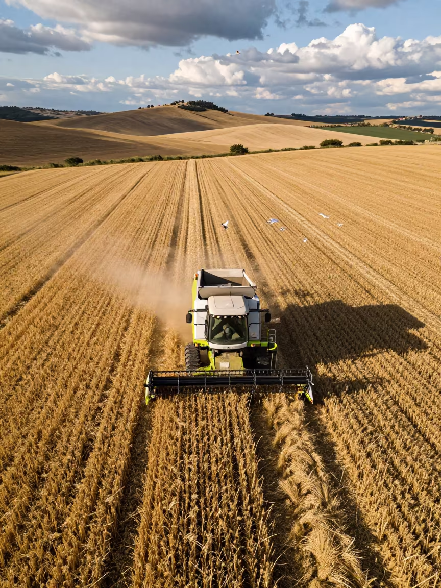 Aerial Wheat Harvest in Castile with Gulls in among terraced rice paddies in Castile