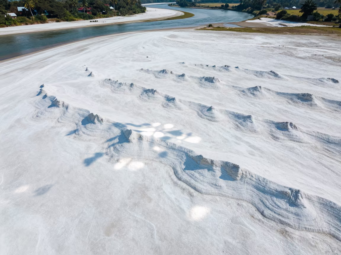 Aerial View of Wind Sculpted Yardangs on Kerala Salt Flat in far above river meanders in Kerala